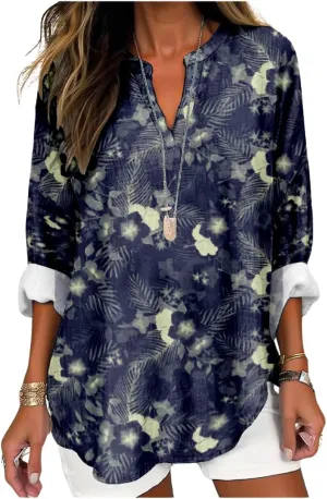 Womens Hawaiian Shirts and Blouses Long Sleeve V Neck Flamingo Print Breathable Summer Plam Leaf Floral Tshirt