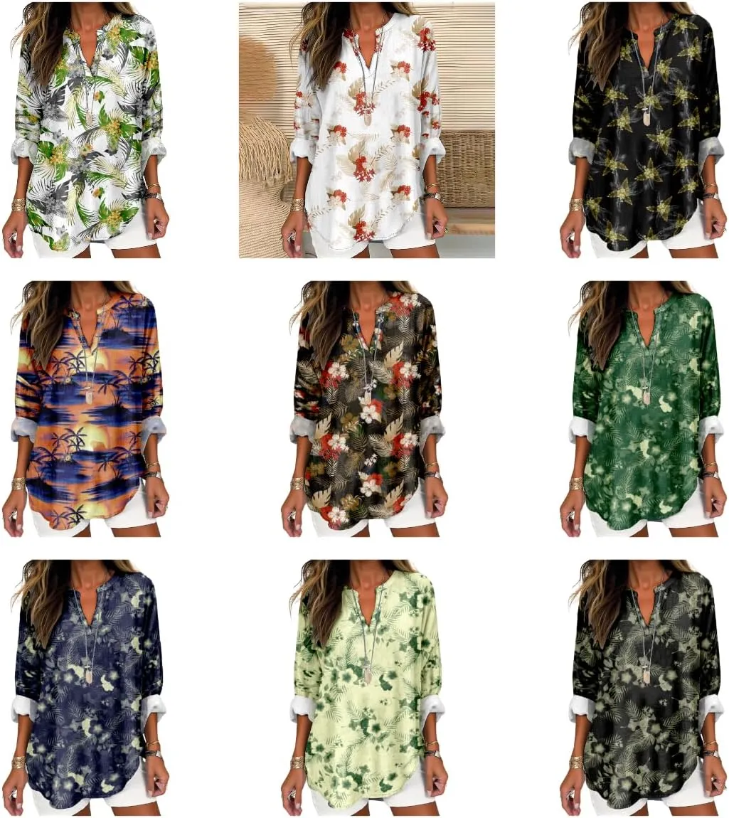 Womens Hawaiian Shirts and Blouses Long Sleeve V Neck Flamingo Print Breathable Summer Plam Leaf Floral Tshirt