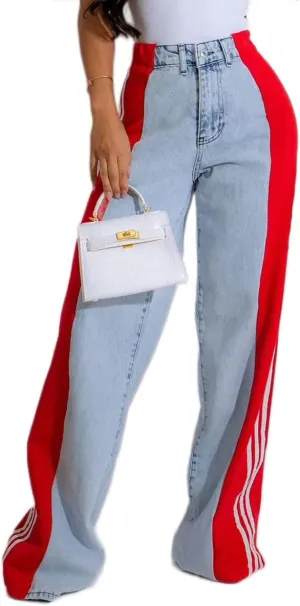 Womens Jeans High Waisted Wide Leg Patchwork Stripes Stretchy Jean Color Block Straight Trendy Demin Pants