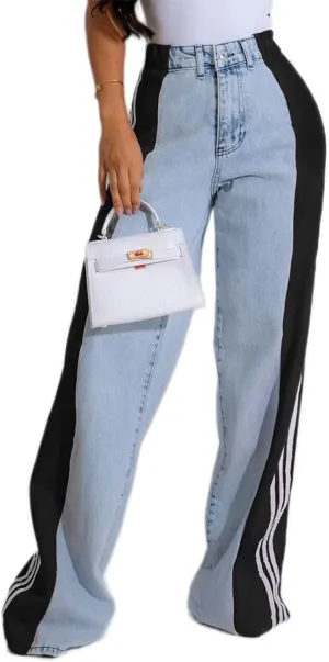 Womens Jeans High Waisted Wide Leg Patchwork Stripes Stretchy Jean Color Block Straight Trendy Demin Pants