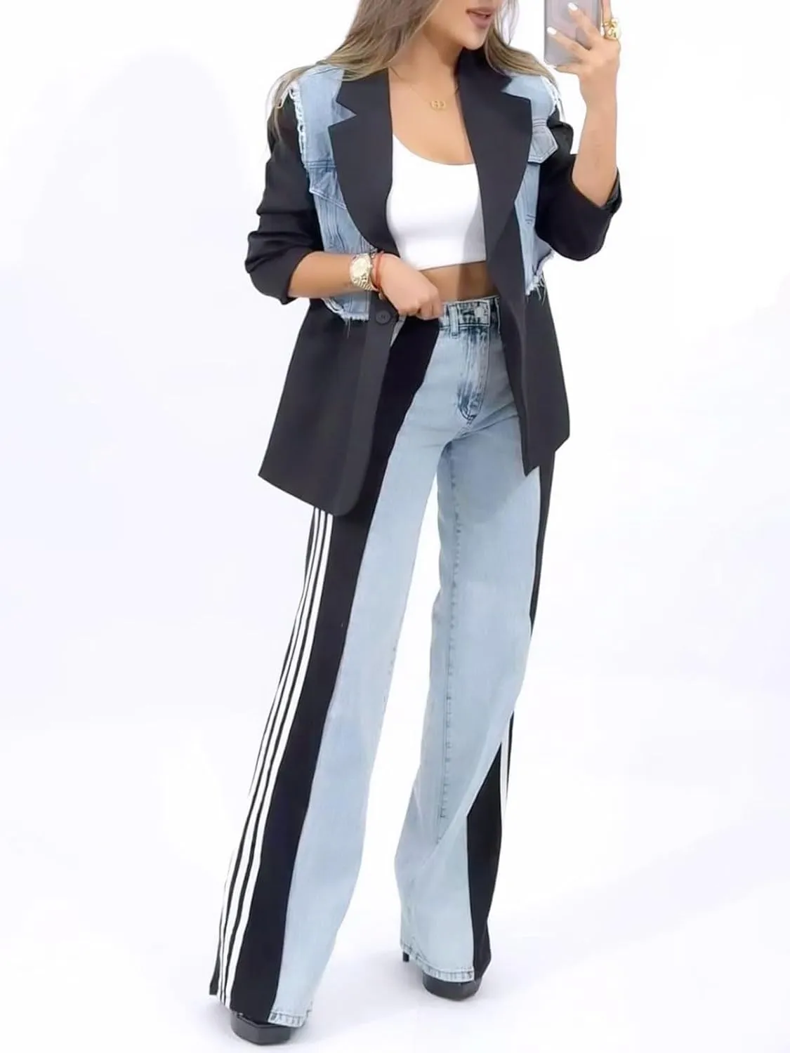 Womens Jeans High Waisted Wide Leg Patchwork Stripes Stretchy Jean Color Block Straight Trendy Demin Pants