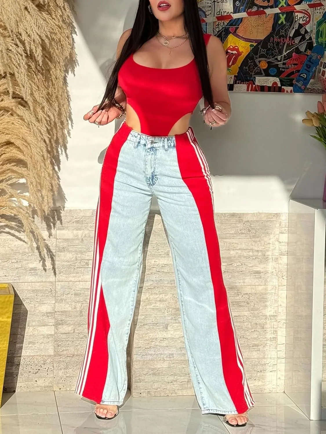 Womens Jeans High Waisted Wide Leg Patchwork Stripes Stretchy Jean Color Block Straight Trendy Demin Pants