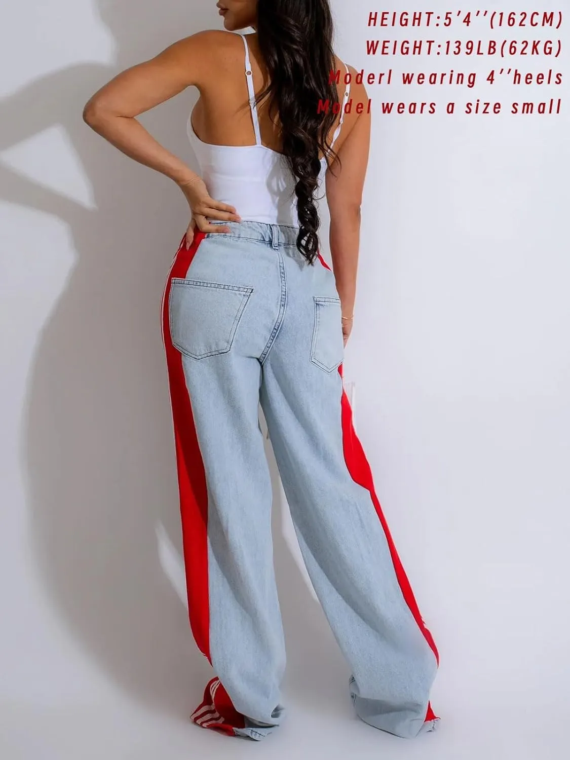 Womens Jeans High Waisted Wide Leg Patchwork Stripes Stretchy Jean Color Block Straight Trendy Demin Pants
