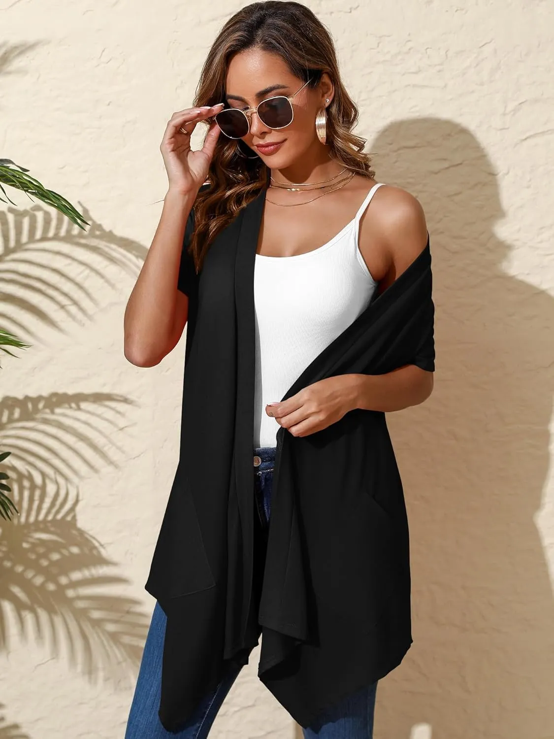 Women's Lightweight Open Front Cardigans Short Sleeve Casual Soft Drape Summer Cardigan with Pockets S-2XL