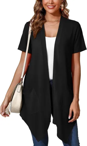 Women's Lightweight Open Front Cardigans Short Sleeve Casual Soft Drape Summer Cardigan with Pockets S-2XL