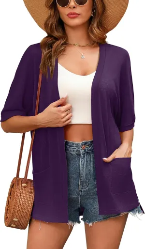 Women's Lightweight Open Front Cardigans Short Sleeve Casual Soft Sheer Cardigan S-2XL with Pockets