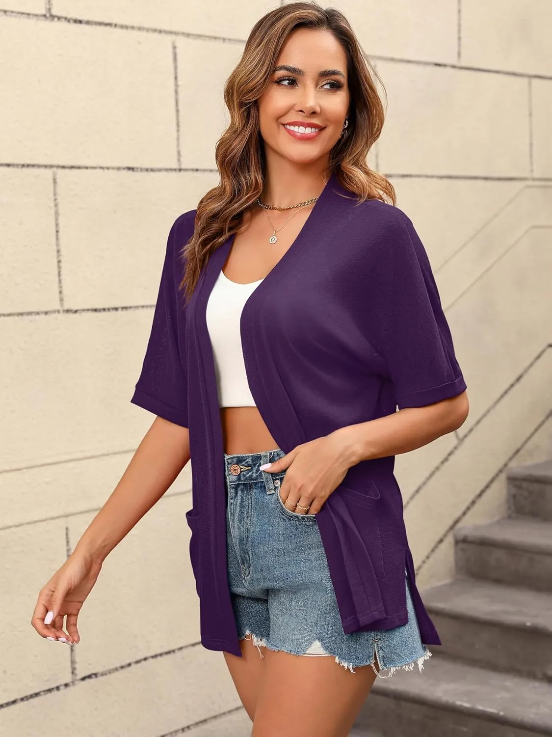 Women's Lightweight Open Front Cardigans Short Sleeve Casual Soft Sheer Cardigan S-2XL with Pockets