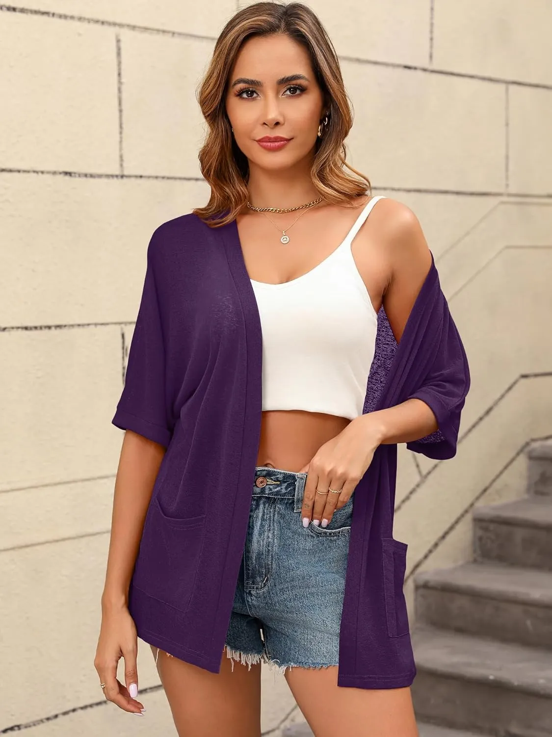 Women's Lightweight Open Front Cardigans Short Sleeve Casual Soft Sheer Cardigan S-2XL with Pockets