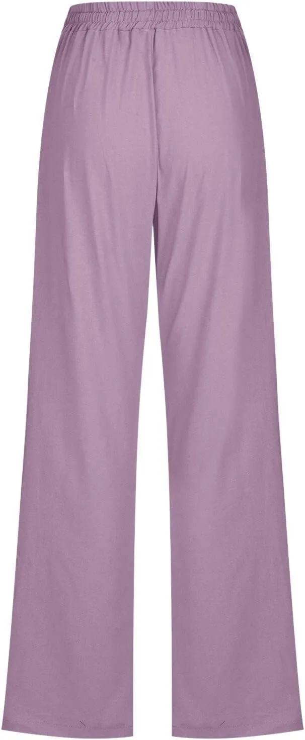 Women's Linen Blend Summer Printed Palazzo Pants Elastic Waist Bootcut Plus Size Palazzo Lounge Pants Beach