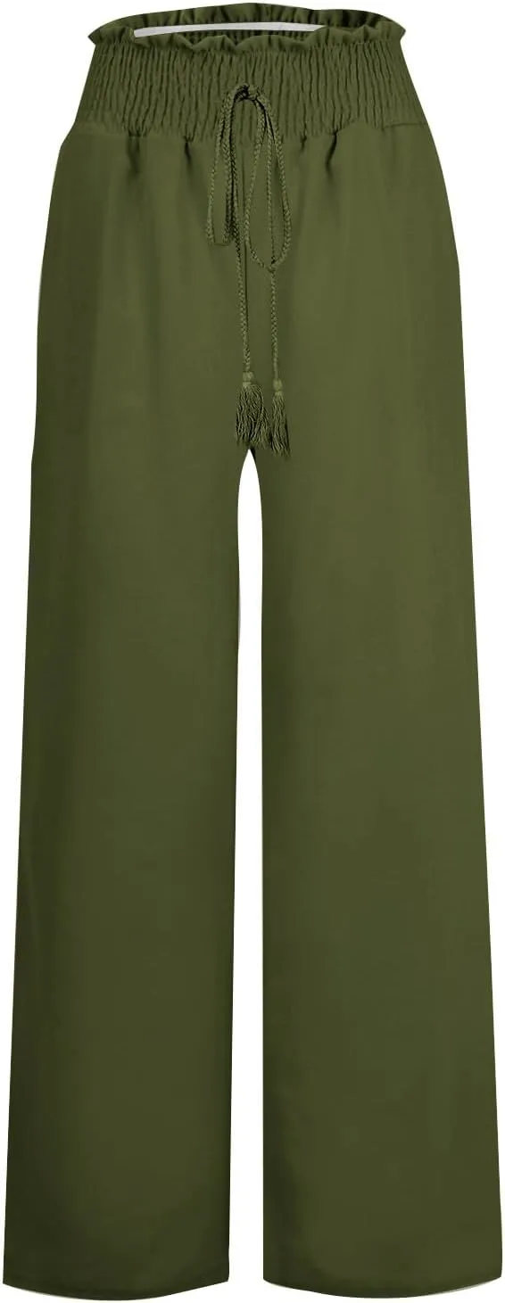 Women's Linen Blend Summer Printed Palazzo Pants Elastic Waist Bootcut Plus Size Palazzo Lounge Pants Beach