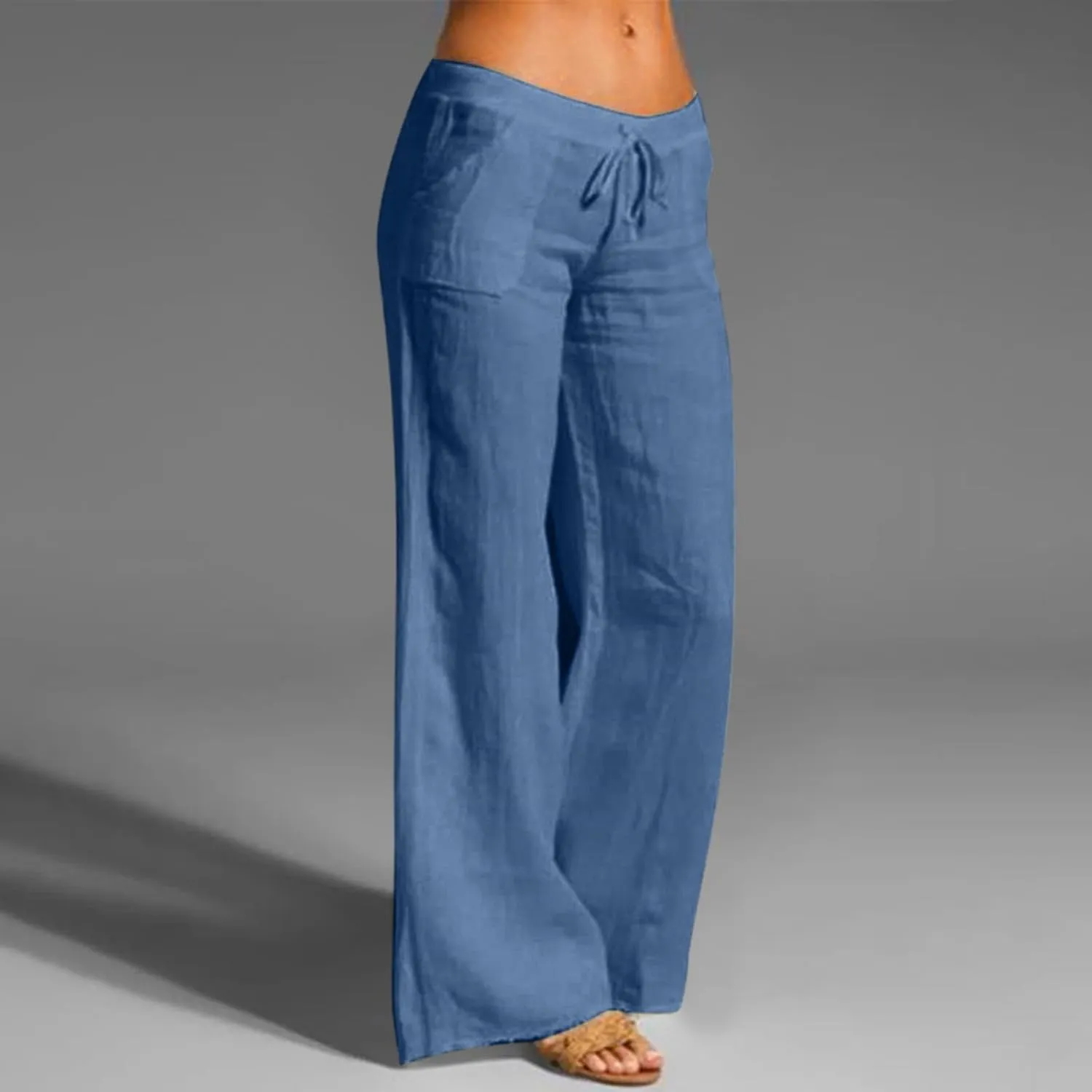 Women's Linen Blend Summer Printed Palazzo Pants Elastic Waist Bootcut Plus Size Palazzo Lounge Pants Beach