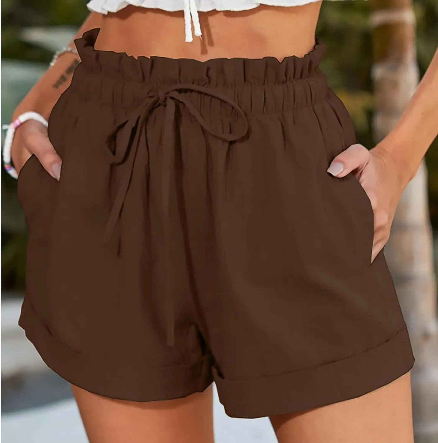 Women's Linen Shorts High Waisted Pleated Casual Bermuda Pants Lightweight Loose Wide Leg Workout Short with Pockets