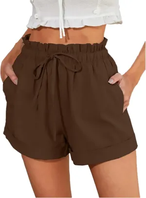 Women's Linen Shorts High Waisted Pleated Casual Bermuda Pants Lightweight Loose Wide Leg Workout Short with Pockets