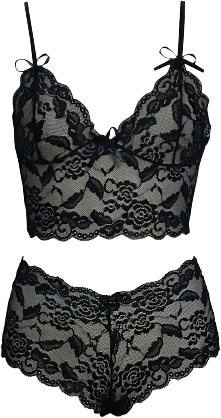 Women's Lingerie Backless Teddy Bodysuit Two Piece Sheer Bralette Strappy Embroidered Bra Panty Set