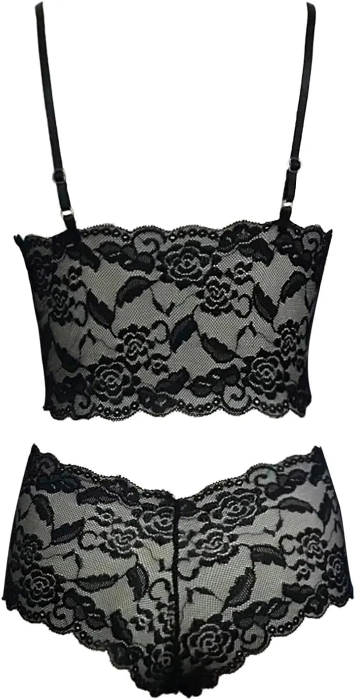 Women's Lingerie Backless Teddy Bodysuit Two Piece Sheer Bralette Strappy Embroidered Bra Panty Set