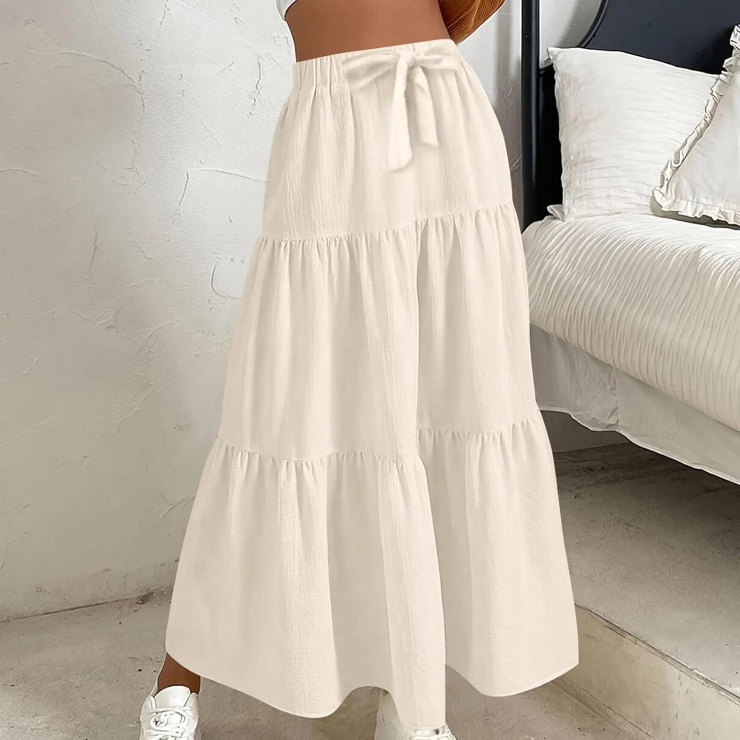 Womens Long Maxi Skirts Fashion Tiered Pleated A-Line Skirt Drawstring Waist Loose Solid Beach Travel Clothes 2025