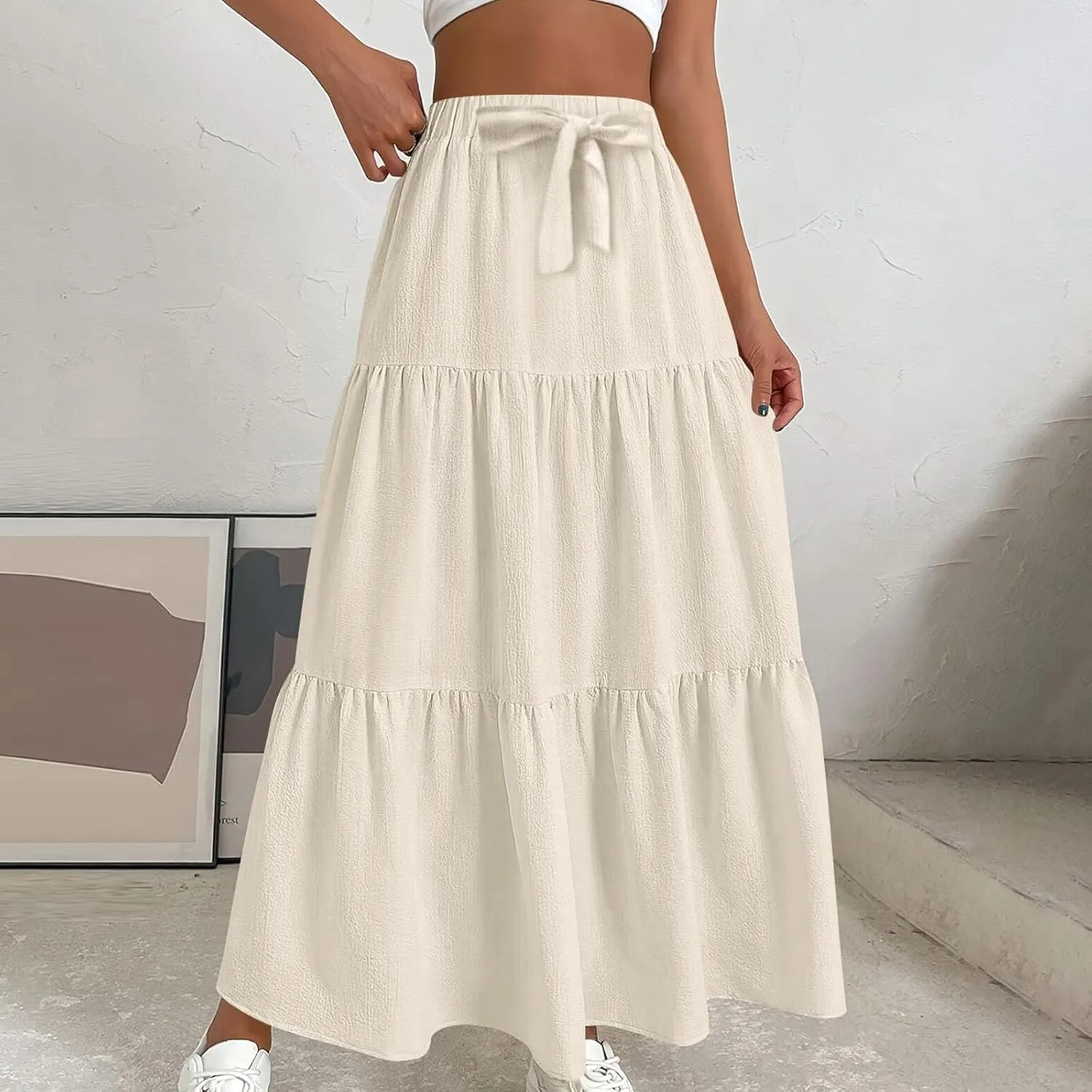 Womens Long Maxi Skirts Fashion Tiered Pleated A-Line Skirt Drawstring Waist Loose Solid Beach Travel Clothes 2025