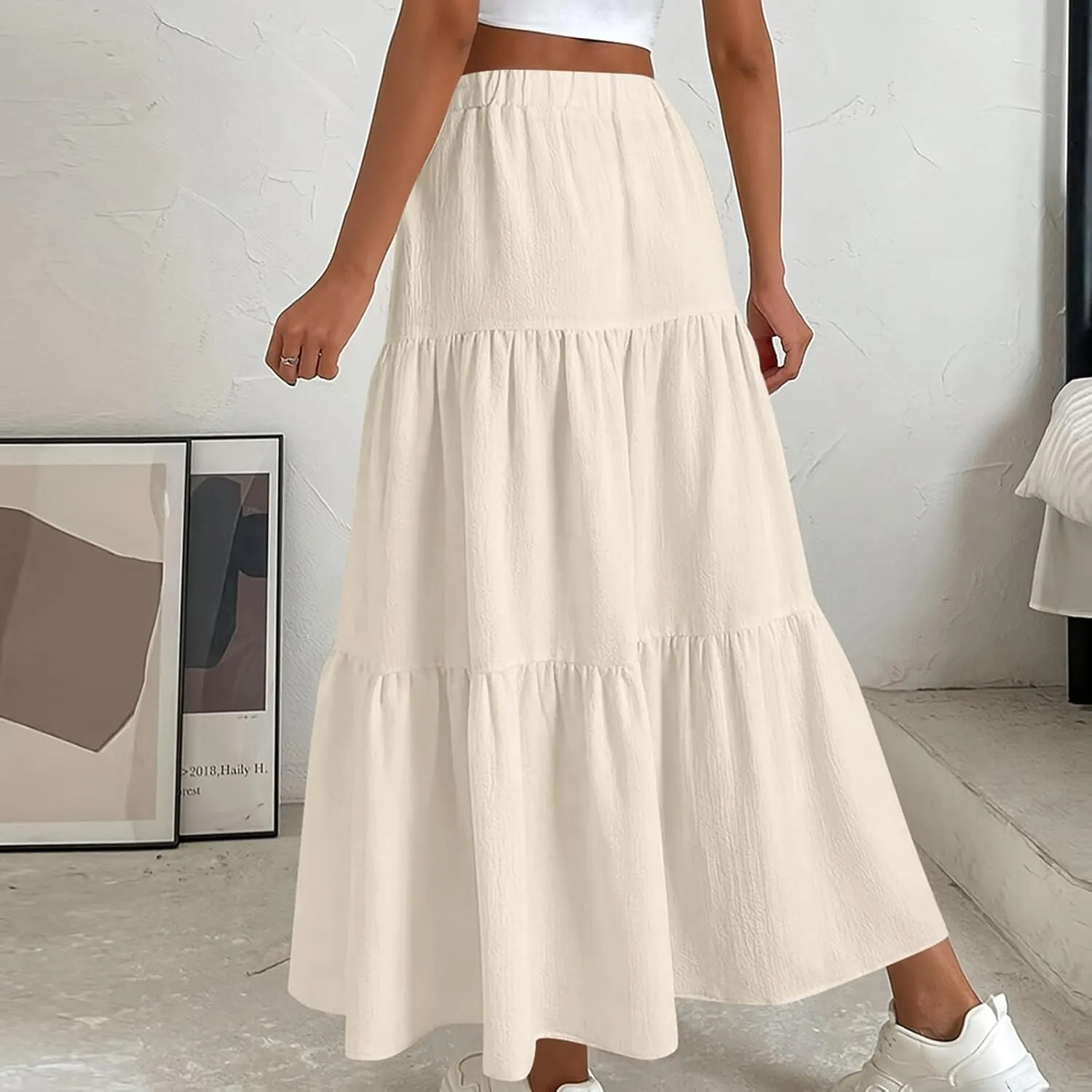 Womens Long Maxi Skirts Fashion Tiered Pleated A-Line Skirt Drawstring Waist Loose Solid Beach Travel Clothes 2025