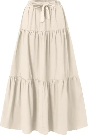 Womens Long Maxi Skirts Fashion Tiered Pleated A-Line Skirt Drawstring Waist Loose Solid Beach Travel Clothes 2025