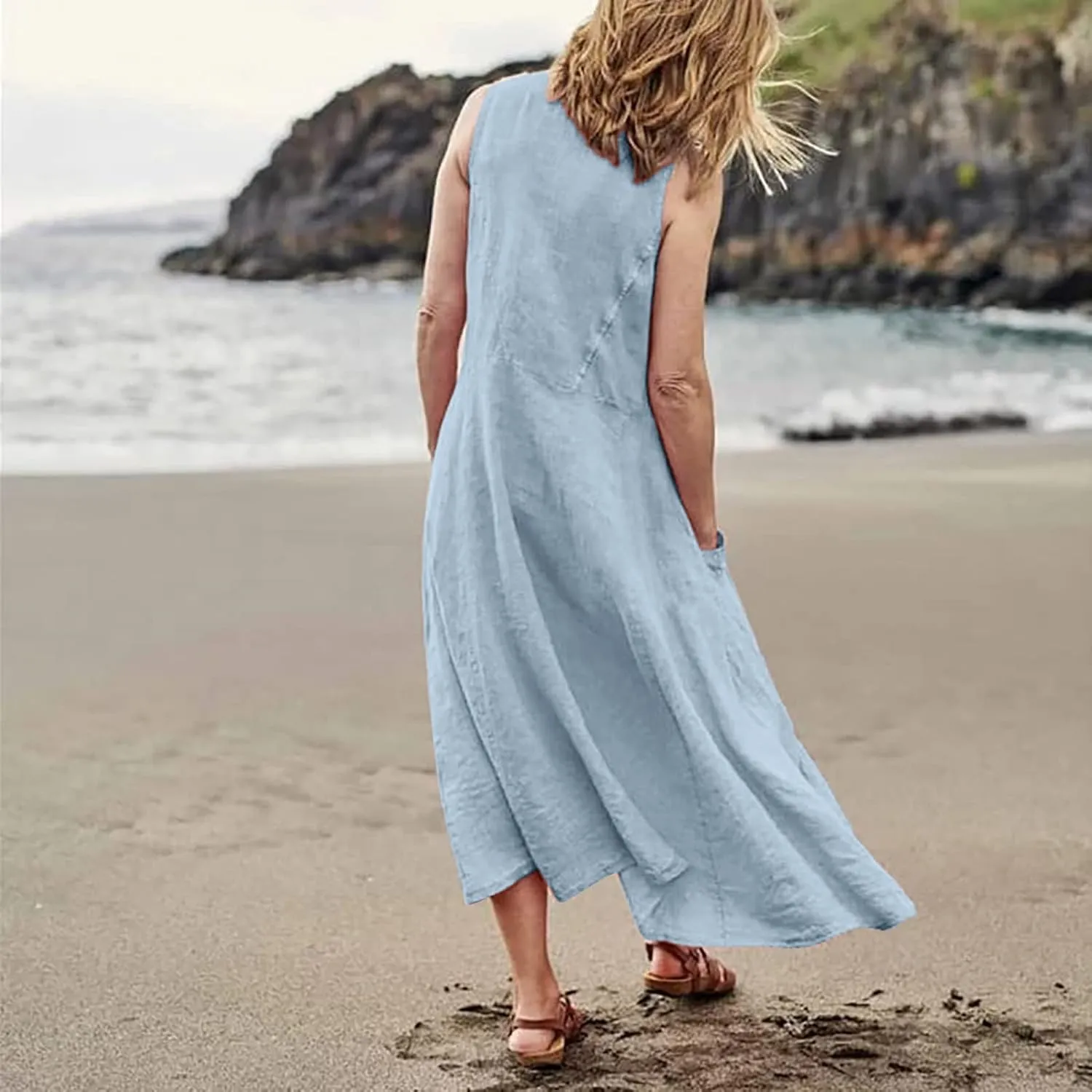Womens Maxi Dresses Summer Casual Print Boho Cotton Linen Sundress with Pockets Loose Flowy Swing Vacation Long Dress