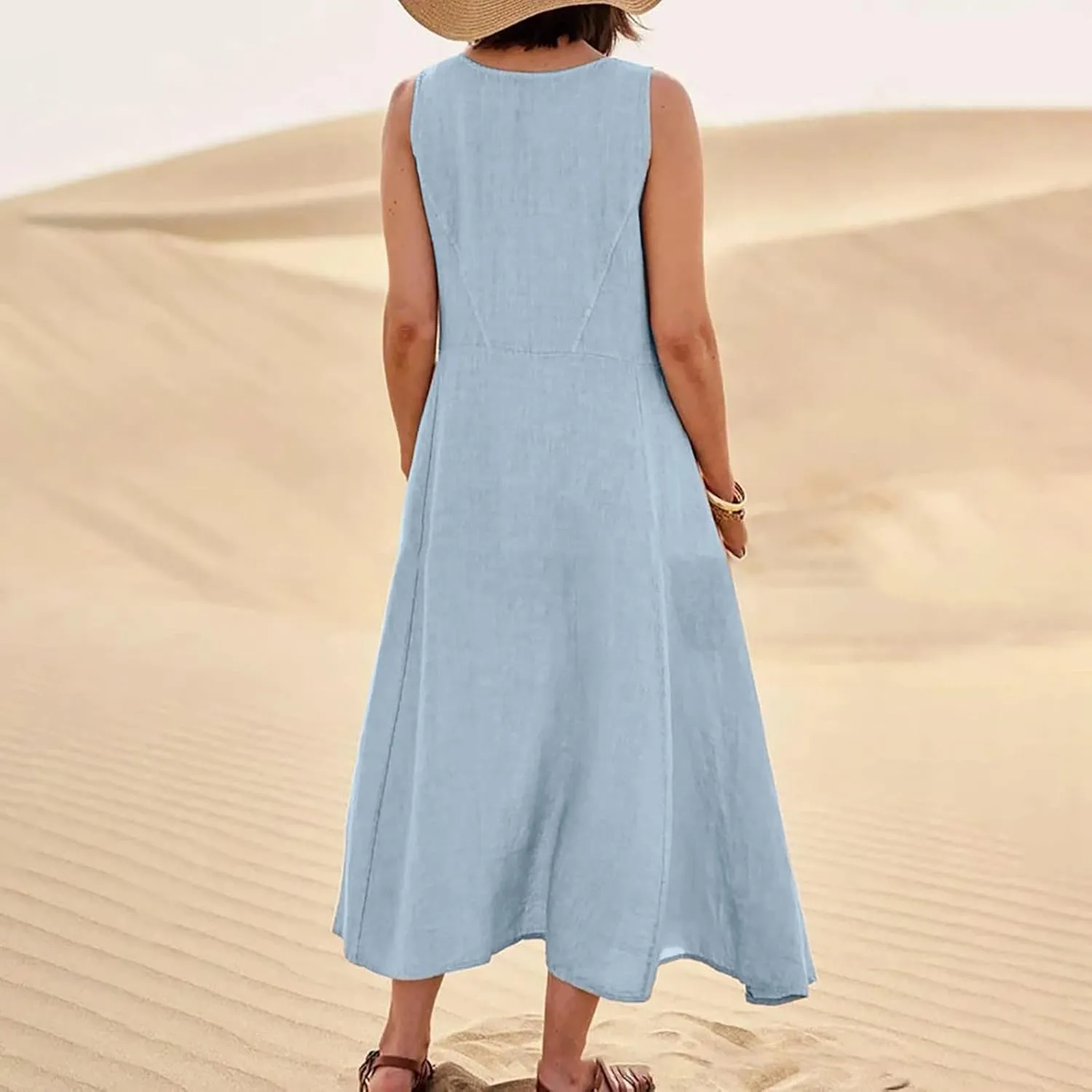 Womens Maxi Dresses Summer Casual Print Boho Cotton Linen Sundress with Pockets Loose Flowy Swing Vacation Long Dress