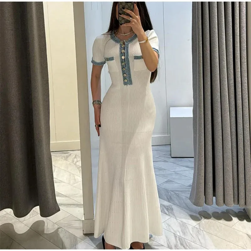 Women's Metal Single Breasted Knitted Maxi Dress V-neck Pleated Wrapped Hip Bodycon Dresses 2024 Elegant High Street White Robes