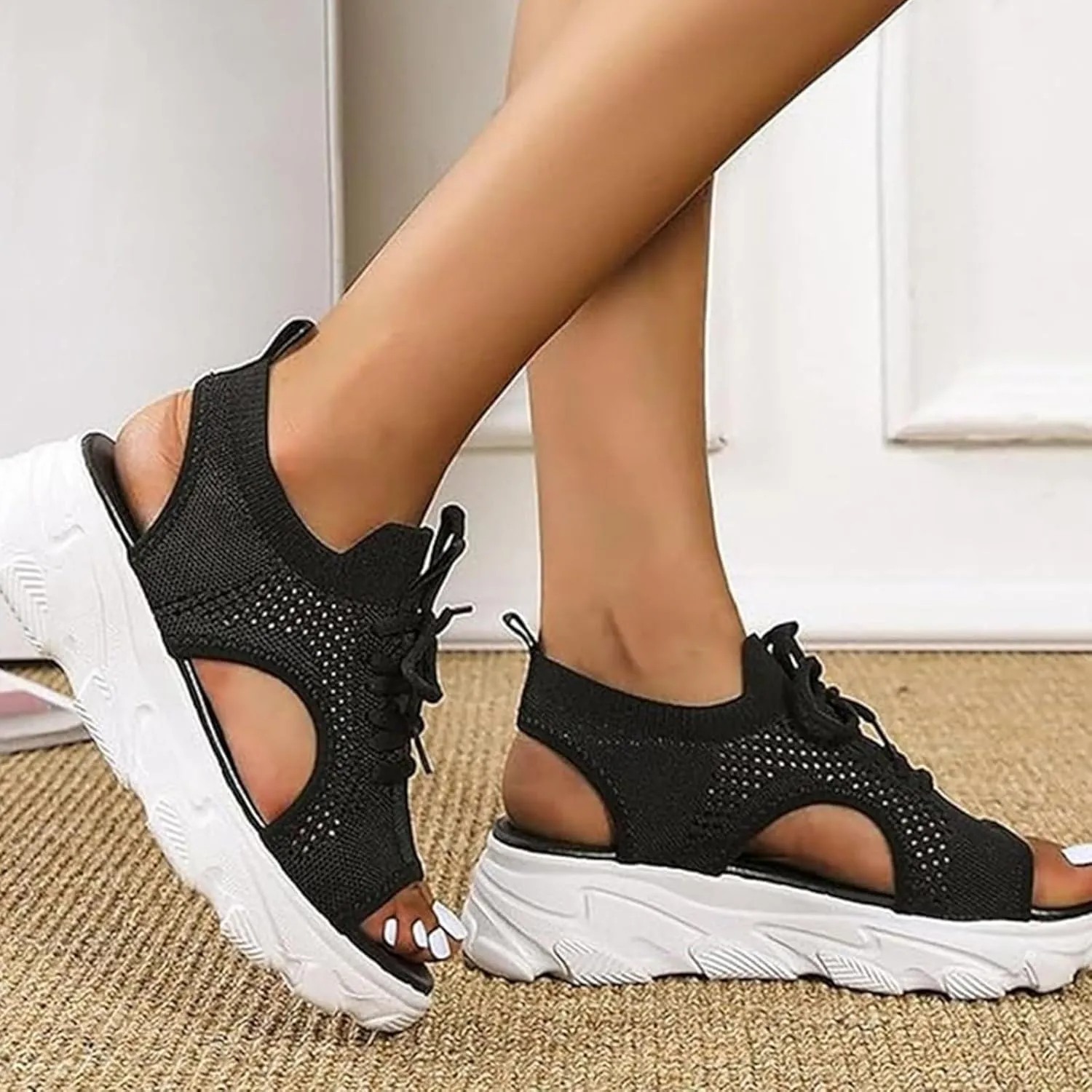 Women's Muffin Sandals Cutout Open Toe Platform Sandal Causal Non Slip Tennis Shoes Lightweight Wedges Sandal Summer Washable Slingback Shoes Arch Support Wide Width Sandals