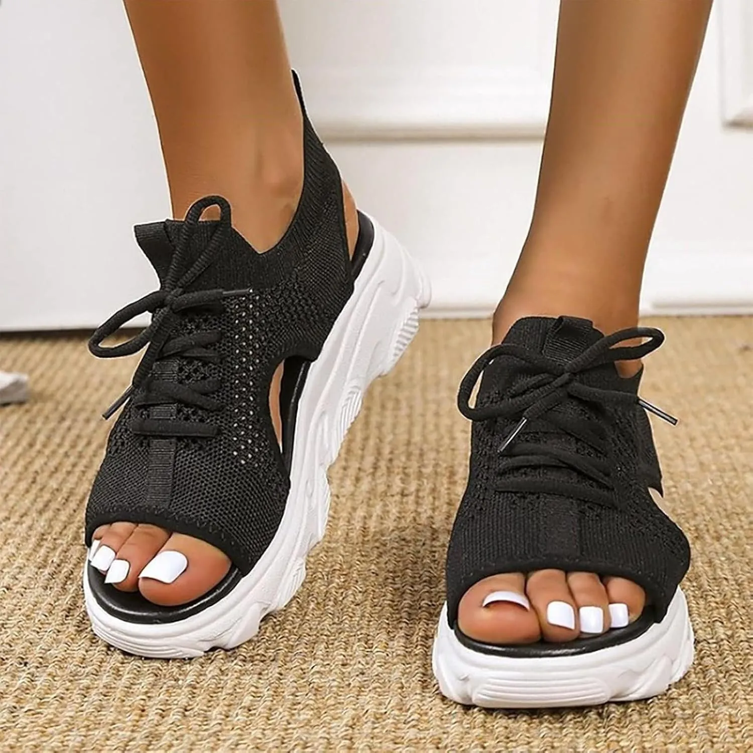 Women's Muffin Sandals Cutout Open Toe Platform Sandal Causal Non Slip Tennis Shoes Lightweight Wedges Sandal Summer Washable Slingback Shoes Arch Support Wide Width Sandals