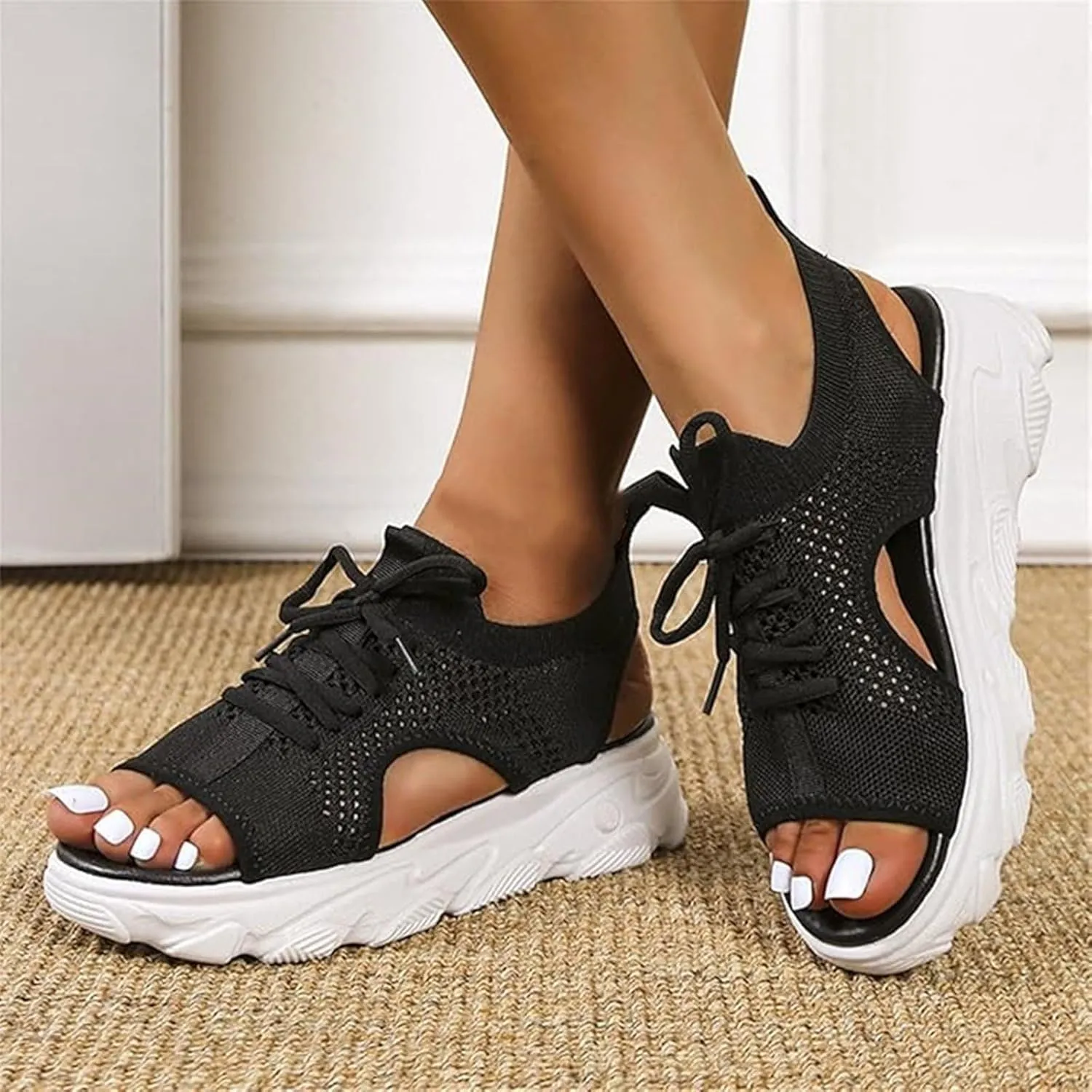 Women's Muffin Sandals Cutout Open Toe Platform Sandal Causal Non Slip Tennis Shoes Lightweight Wedges Sandal Summer Washable Slingback Shoes Arch Support Wide Width Sandals