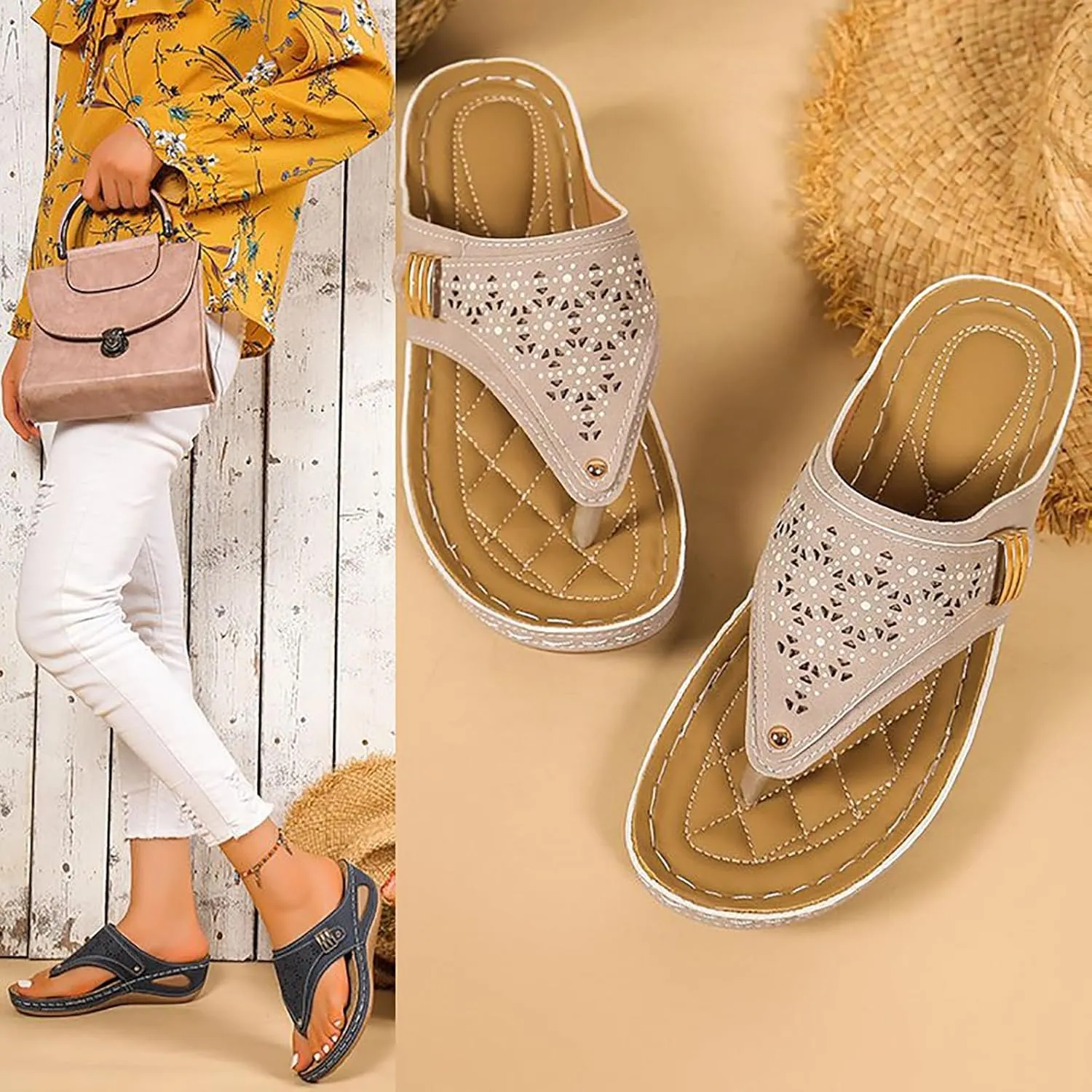 Womens Orthopedic Flip Flops Arch Support Platform T-Strap Thong Sandals Summer Bohemia Dressy Slide Sandal Casual Summer Slip On Sandals