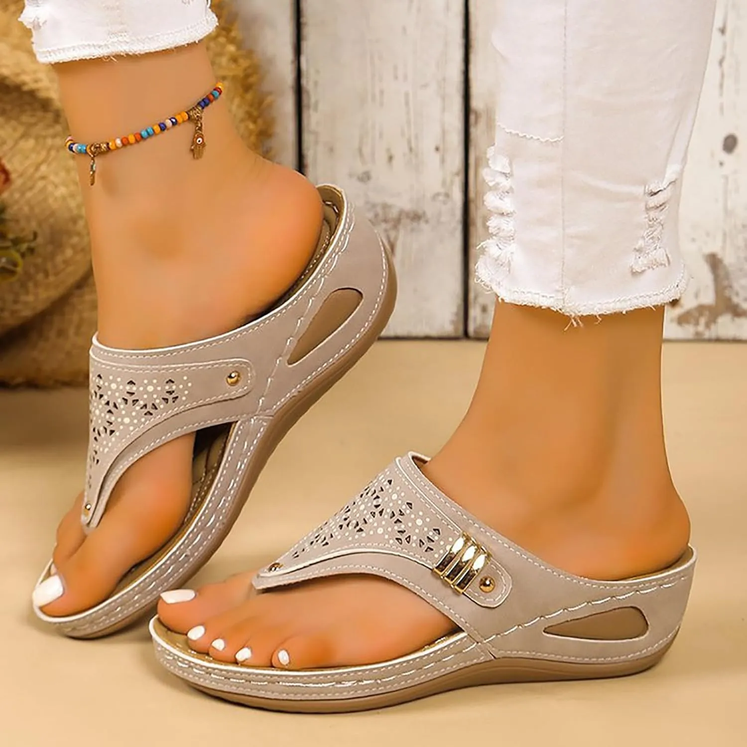 Womens Orthopedic Flip Flops Arch Support Platform T-Strap Thong Sandals Summer Bohemia Dressy Slide Sandal Casual Summer Slip On Sandals