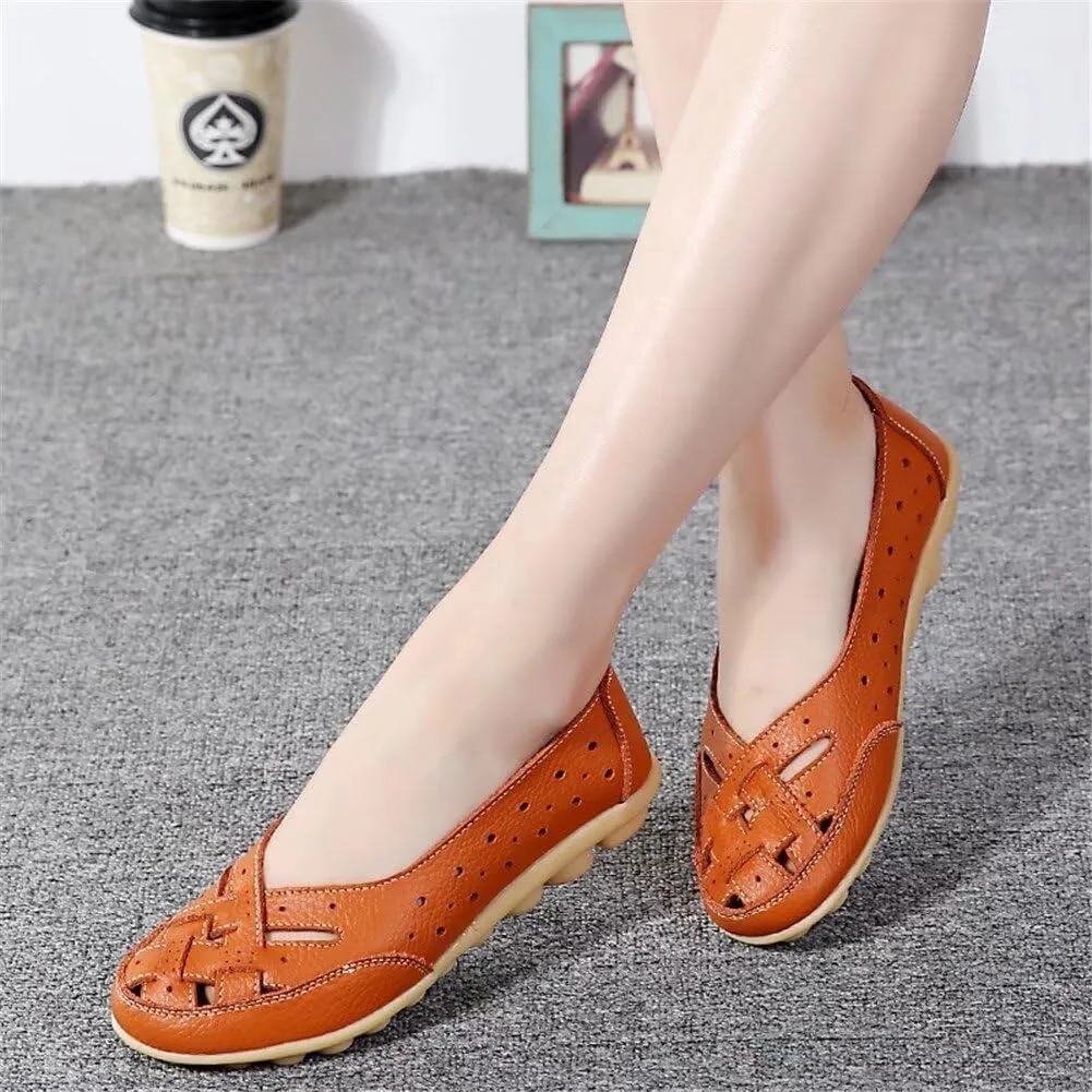 Womens Orthopedic Loafers in Breathable Leather Comfortable Hollow Soft Flats Sandals Summer Casual Slip-On Shoes Cutout Loafer Sole Slide Sports 2025 Comfort Out Round Toe Fashion