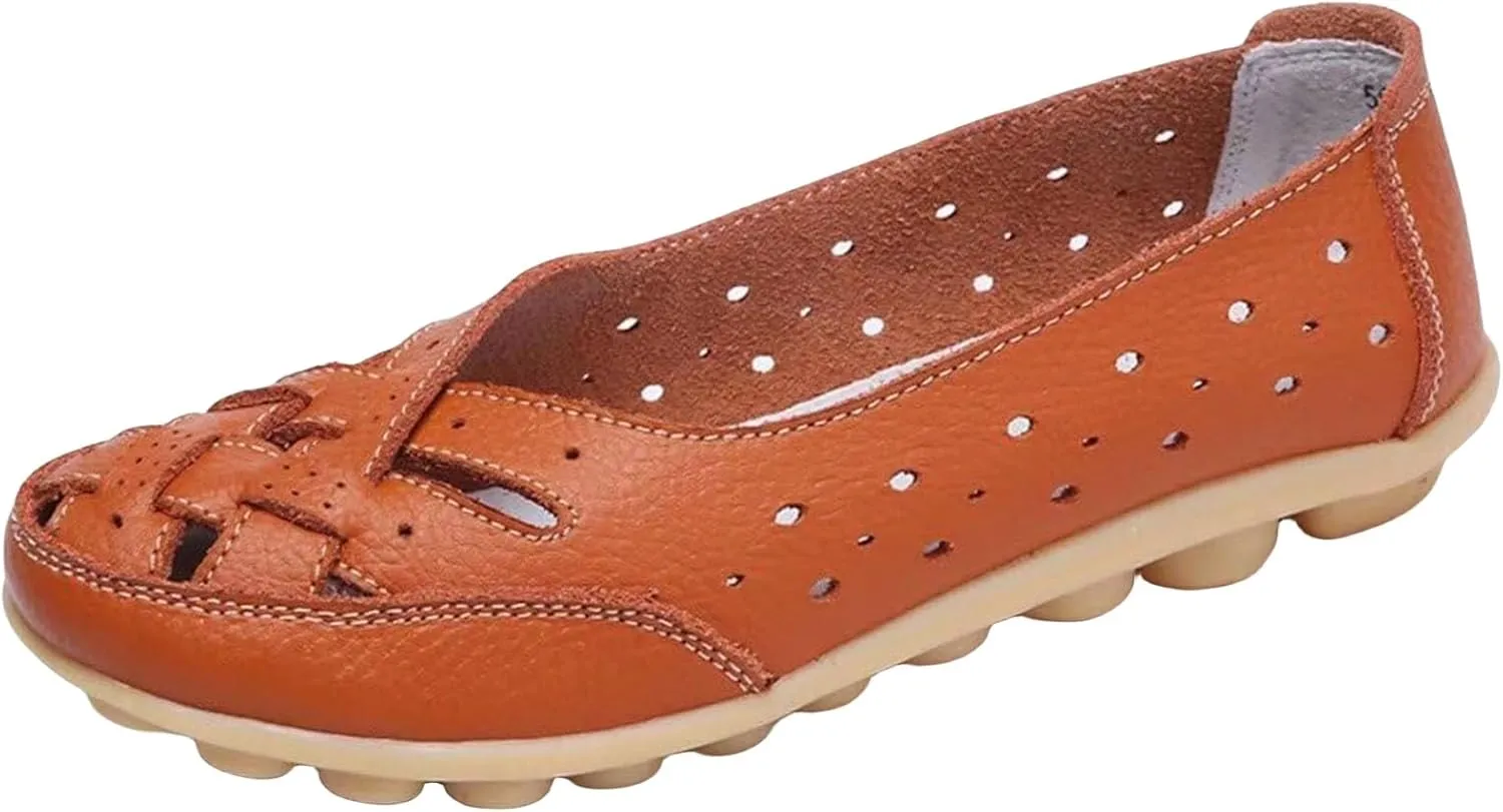 Womens Orthopedic Loafers in Breathable Leather Comfortable Hollow Soft Flats Sandals Summer Casual Slip-On Shoes Cutout Loafer Sole Slide Sports 2025 Comfort Out Round Toe Fashion