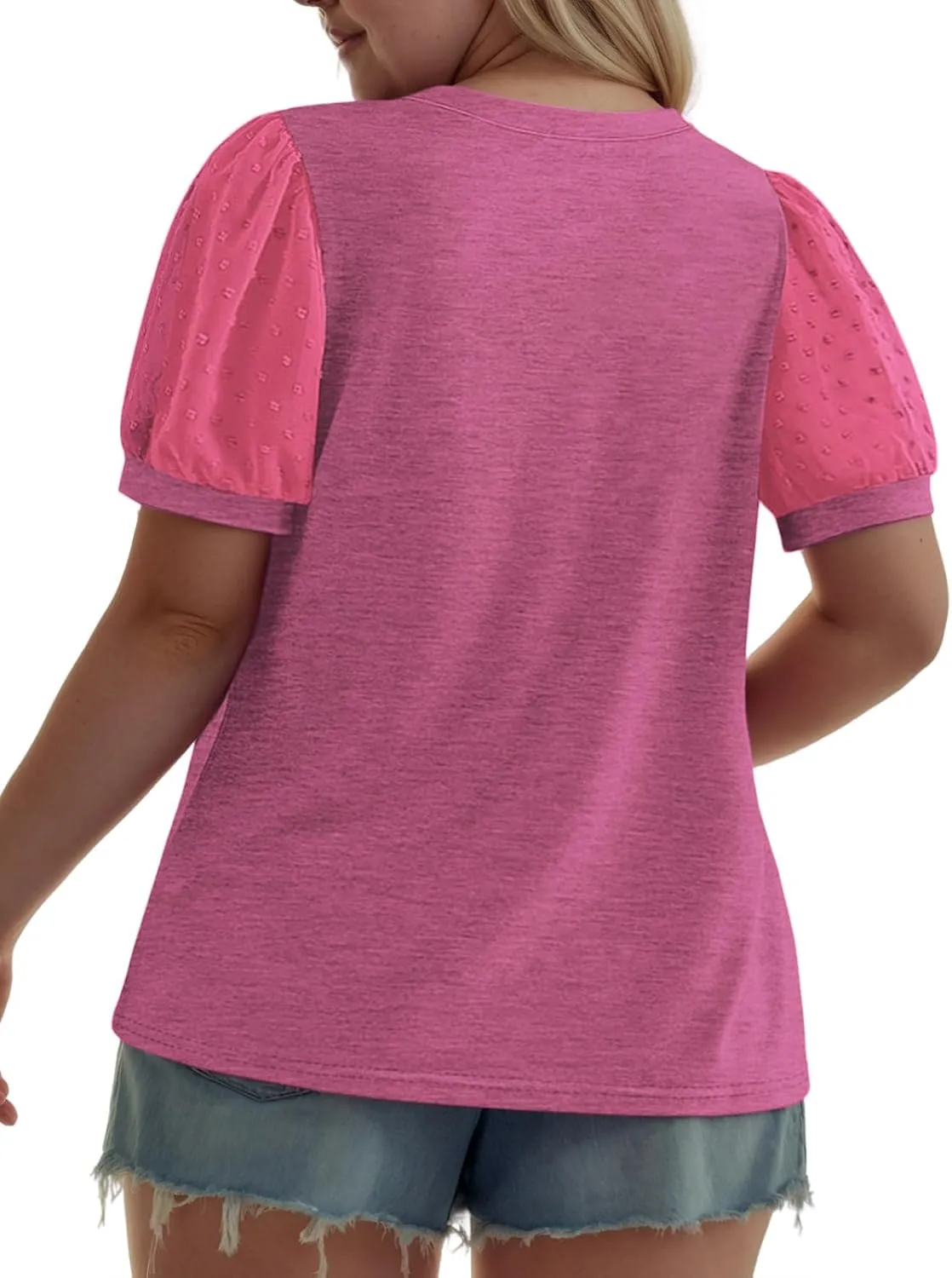 Womens-Plus-Size-Summer-Tops Dressy Dotted Puff Sheer Short Sleeve T Shirts Trendy Pleated Blouses Cute Casual Tunics