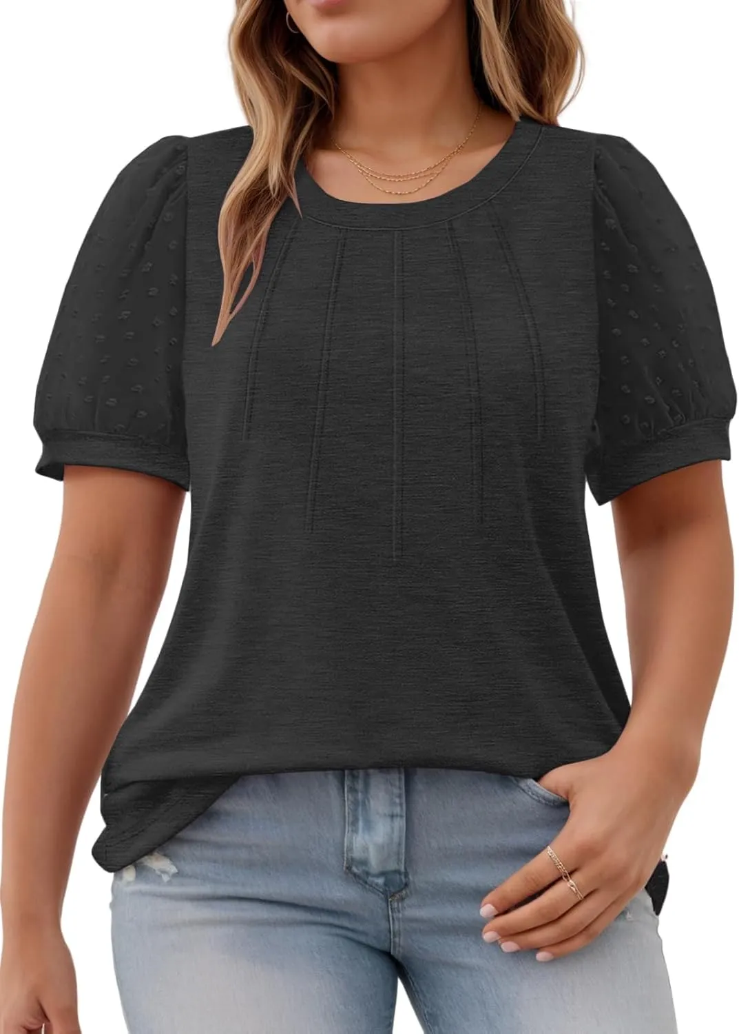 Womens-Plus-Size-Summer-Tops Dressy Dotted Puff Sheer Short Sleeve T Shirts Trendy Pleated Blouses Cute Casual Tunics