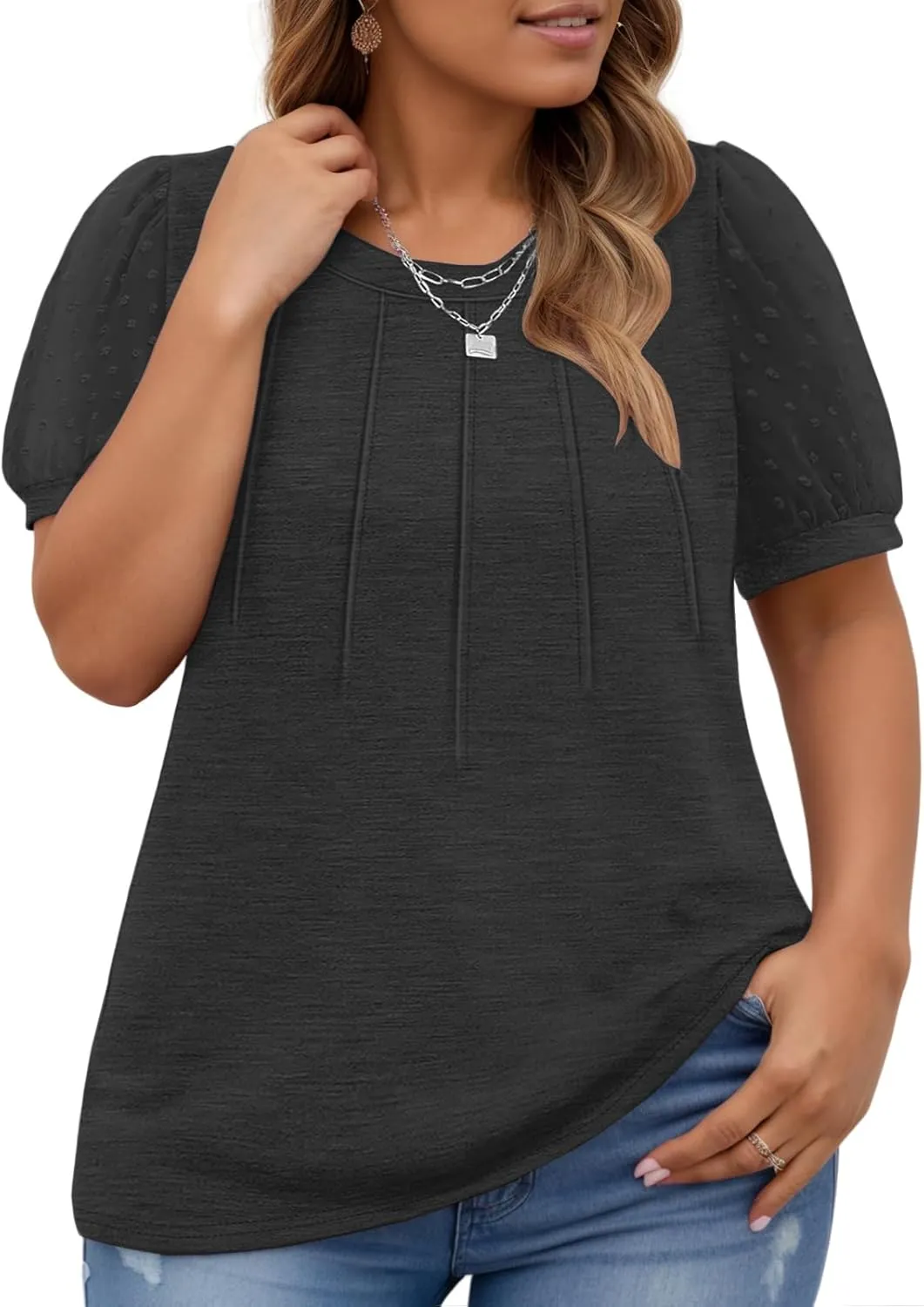 Womens-Plus-Size-Summer-Tops Dressy Dotted Puff Sheer Short Sleeve T Shirts Trendy Pleated Blouses Cute Casual Tunics