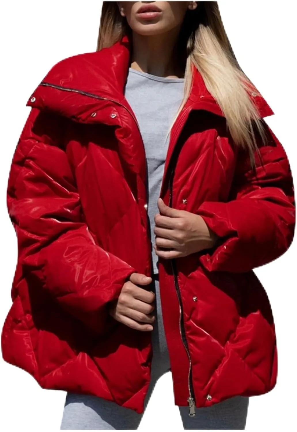 Women's Quilted Jacket Glossy Turn Down Collar Casual Outerwear for Fall & Winter Medium Coat