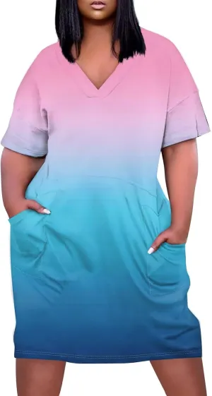 Women's Rompers Dressy Summer Casual Loose Dress 2024 Short Sleeve V-Neck Solid Color Beach Dresses, L-5XL