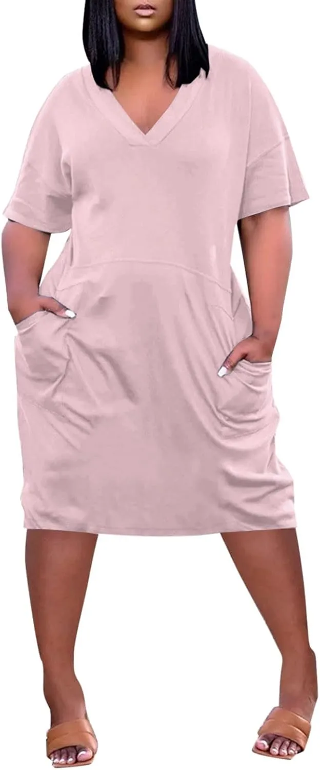 Women's Rompers Dressy Summer Casual Loose Dress 2024 Short Sleeve V-Neck Solid Color Beach Dresses, L-5XL