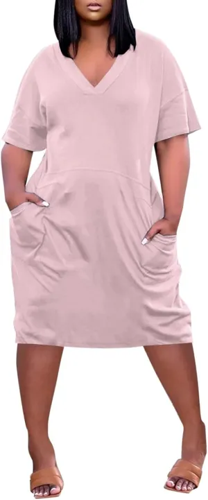 Women's Rompers Dressy Summer Casual Loose Dress 2024 Short Sleeve V-Neck Solid Color Beach Dresses, L-5XL