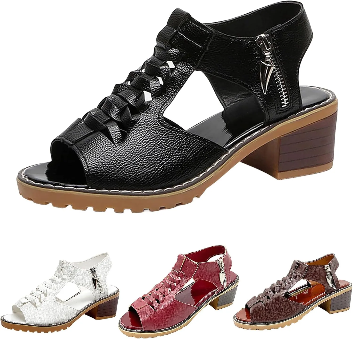 Womens Sandals Open Toe Fish Mouth Hollow out Breathable Bohemian Cutout Low Heels Ankle Side Zipper Sandal Elegant Comfortable Outdoor Walking Summer Bridal Party Dress Shoes
