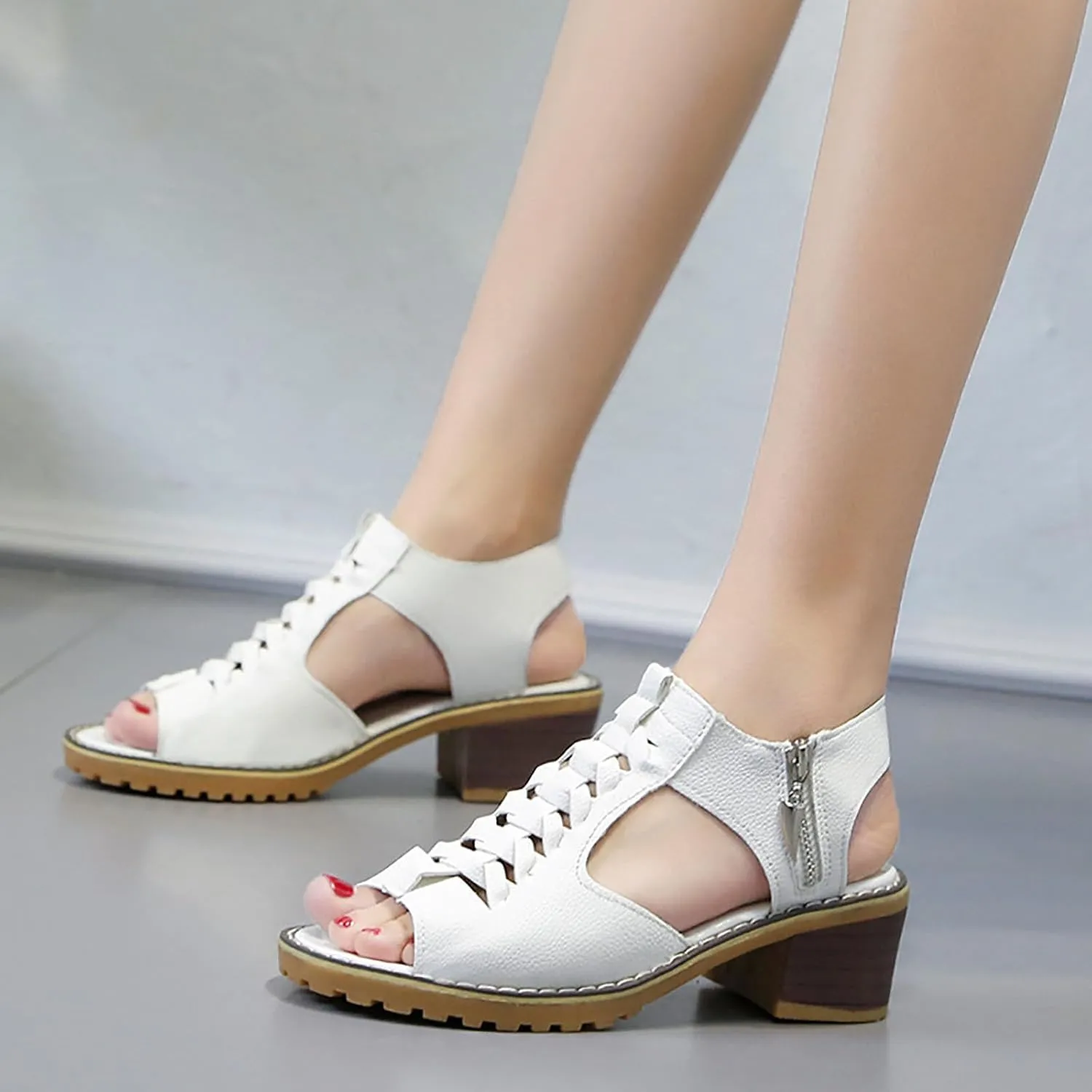 Womens Sandals Open Toe Fish Mouth Hollow out Breathable Bohemian Cutout Low Heels Ankle Side Zipper Sandal Elegant Comfortable Outdoor Walking Summer Bridal Party Dress Shoes