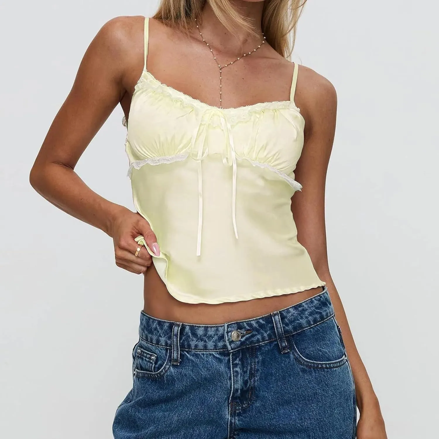Women's Satin Silk Cami Tops Y2K Going Out Crop Top Spaghetti Strap Ruched Bust Lace Trim Tank Tops
