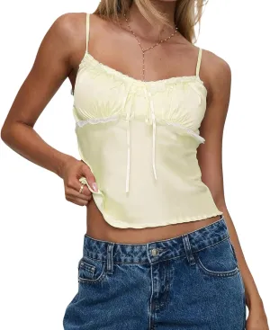 Women's Satin Silk Cami Tops Y2K Going Out Crop Top Spaghetti Strap Ruched Bust Lace Trim Tank Tops