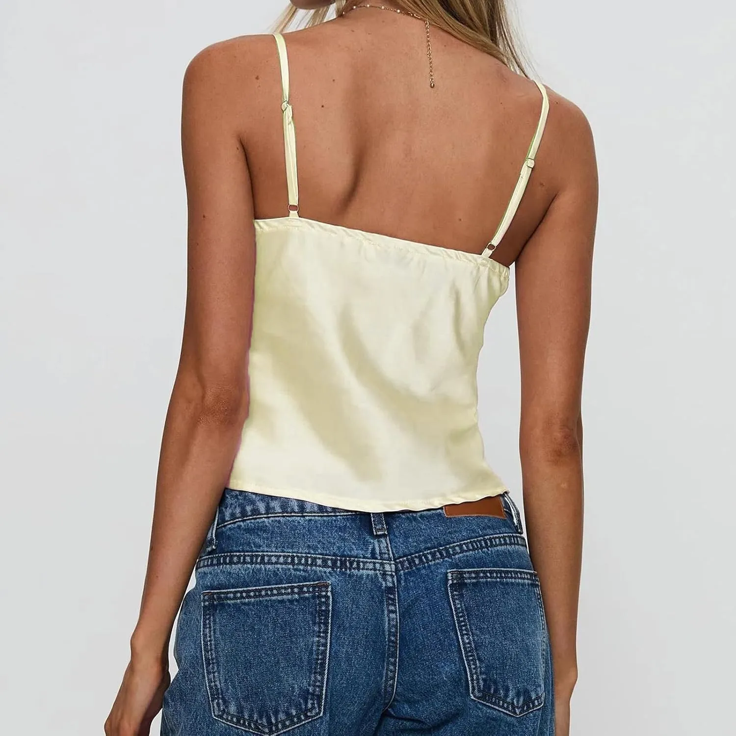 Women's Satin Silk Cami Tops Y2K Going Out Crop Top Spaghetti Strap Ruched Bust Lace Trim Tank Tops