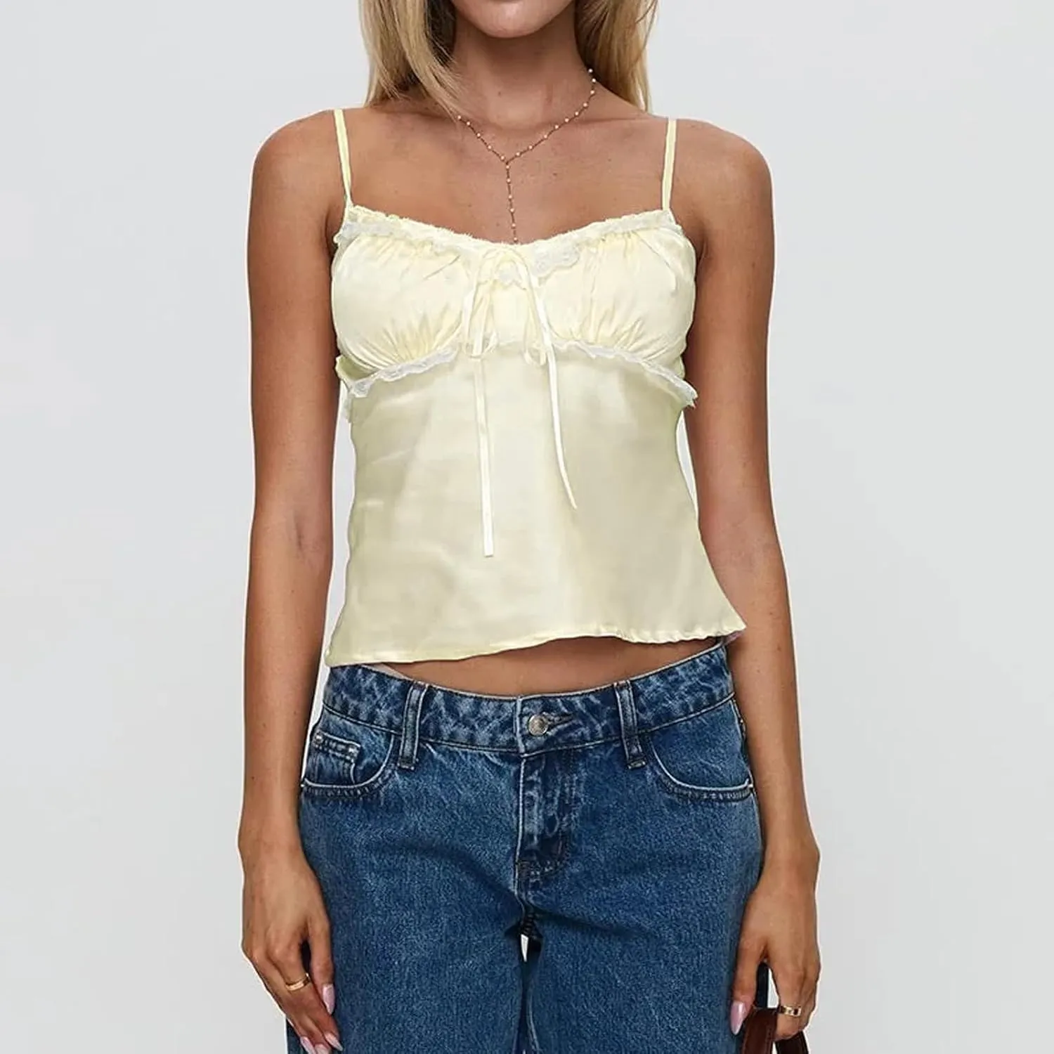 Women's Satin Silk Cami Tops Y2K Going Out Crop Top Spaghetti Strap Ruched Bust Lace Trim Tank Tops