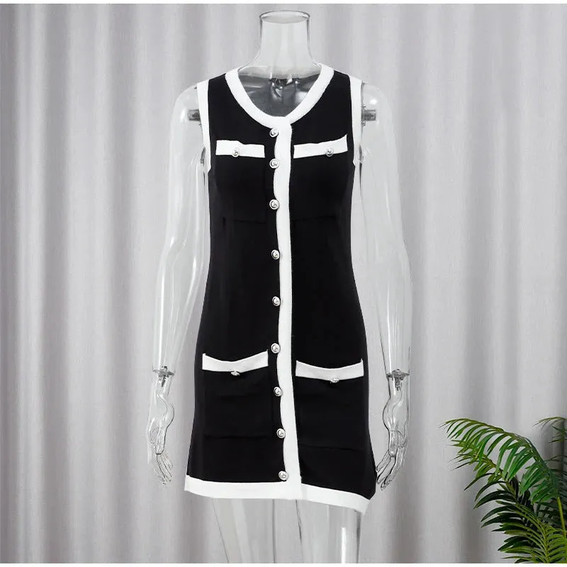 Women's Sexy Color Blocking Knitted O-neck Mini Dress Elegant Sleeveless High Waist Pleated Dresses Lady High Streetwear Robes
