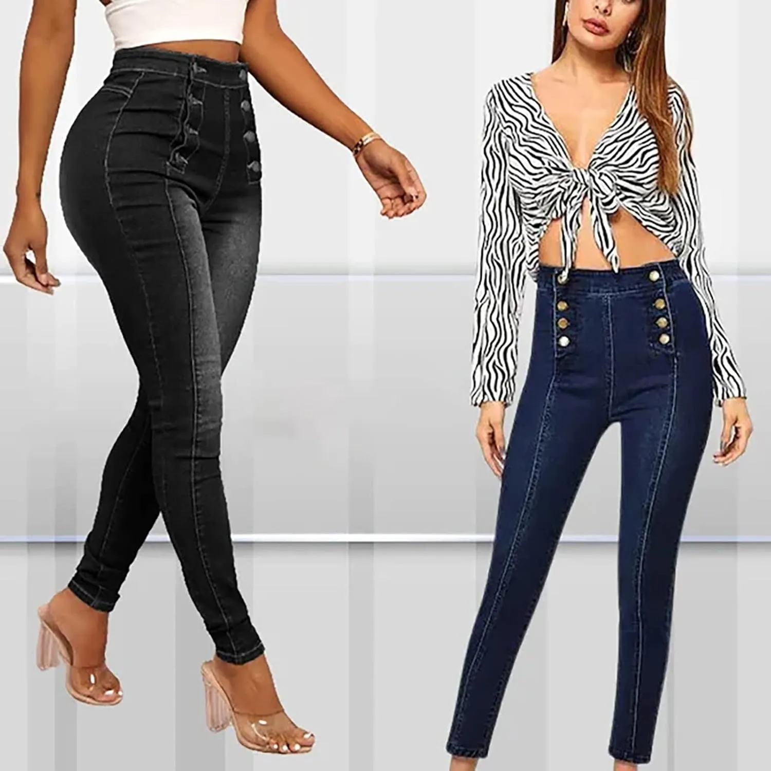 Womens Skinny Colombian Jeans Butt Lift High Waist Double Breasted Sailor Work Jeans Tummy Control Bodycon Jean Leggings