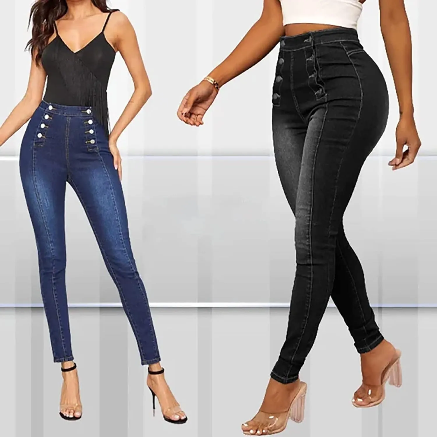 Womens Skinny Colombian Jeans Butt Lift High Waist Double Breasted Sailor Work Jeans Tummy Control Bodycon Jean Leggings
