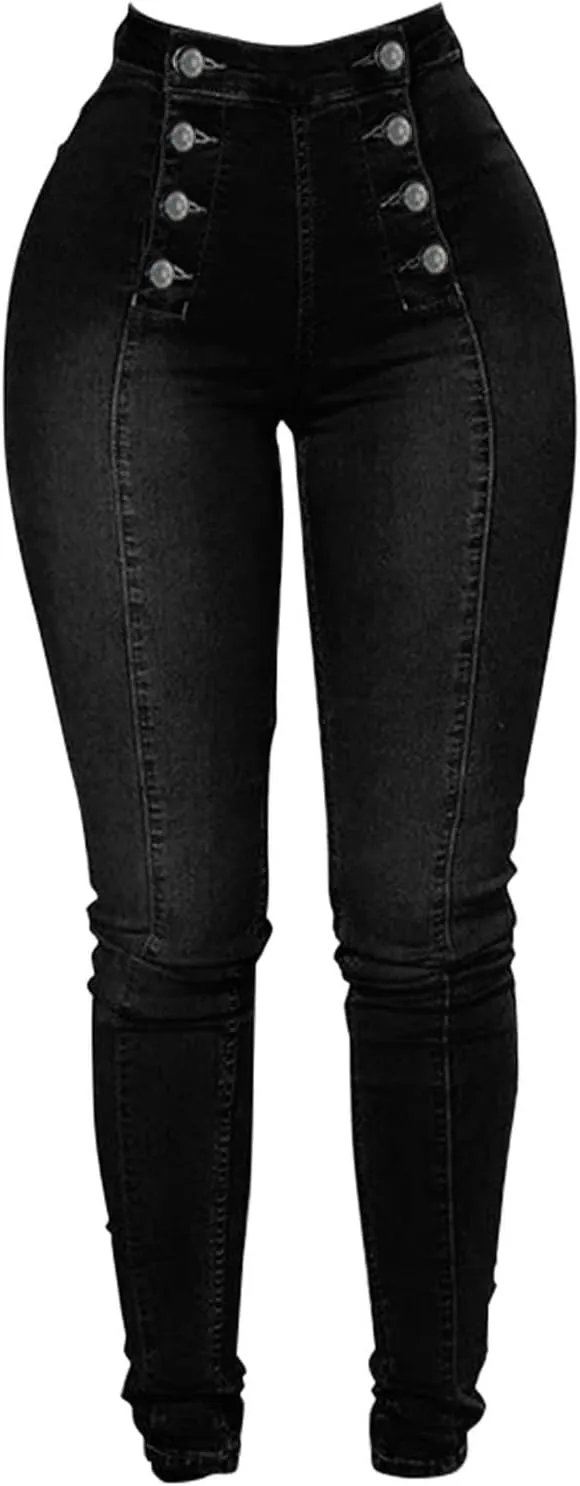 Womens Skinny Colombian Jeans Butt Lift High Waist Double Breasted Sailor Work Jeans Tummy Control Bodycon Jean Leggings